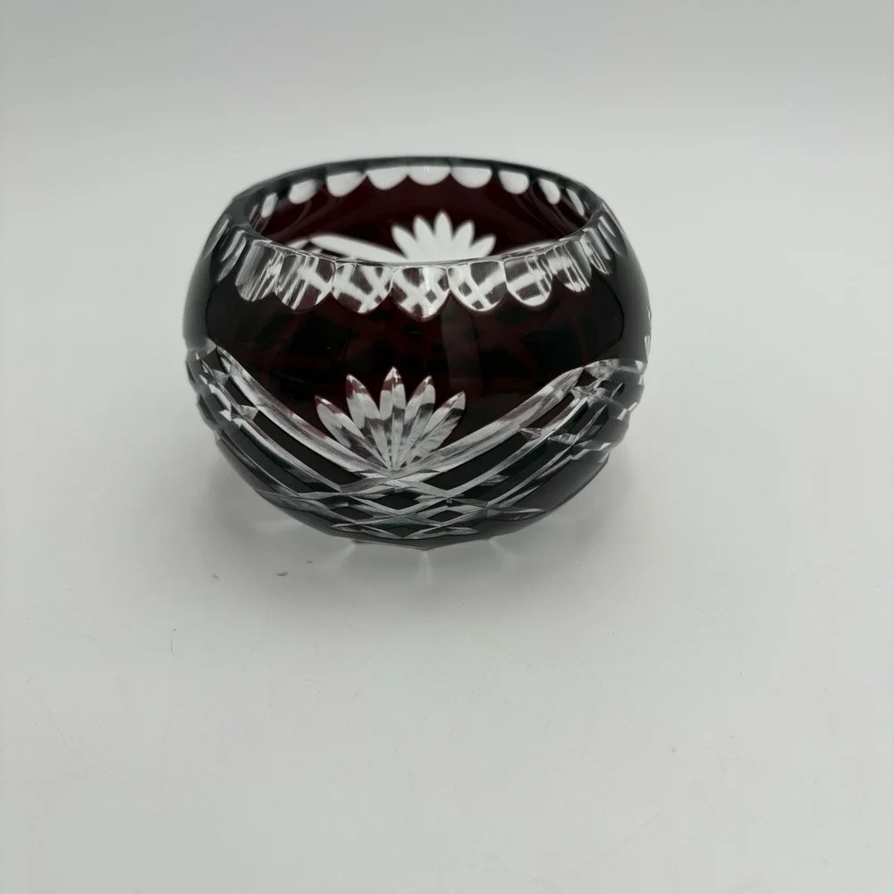 Bohemian Crystal Cut Clear Red Cranberry Votive‎ / Small Flower Design Bowl